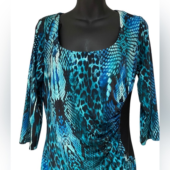 NueVa Blue Animal Print Scoop Neck Ruched Waist Lined Pullover Dress Siz… - Picture 4 of 13